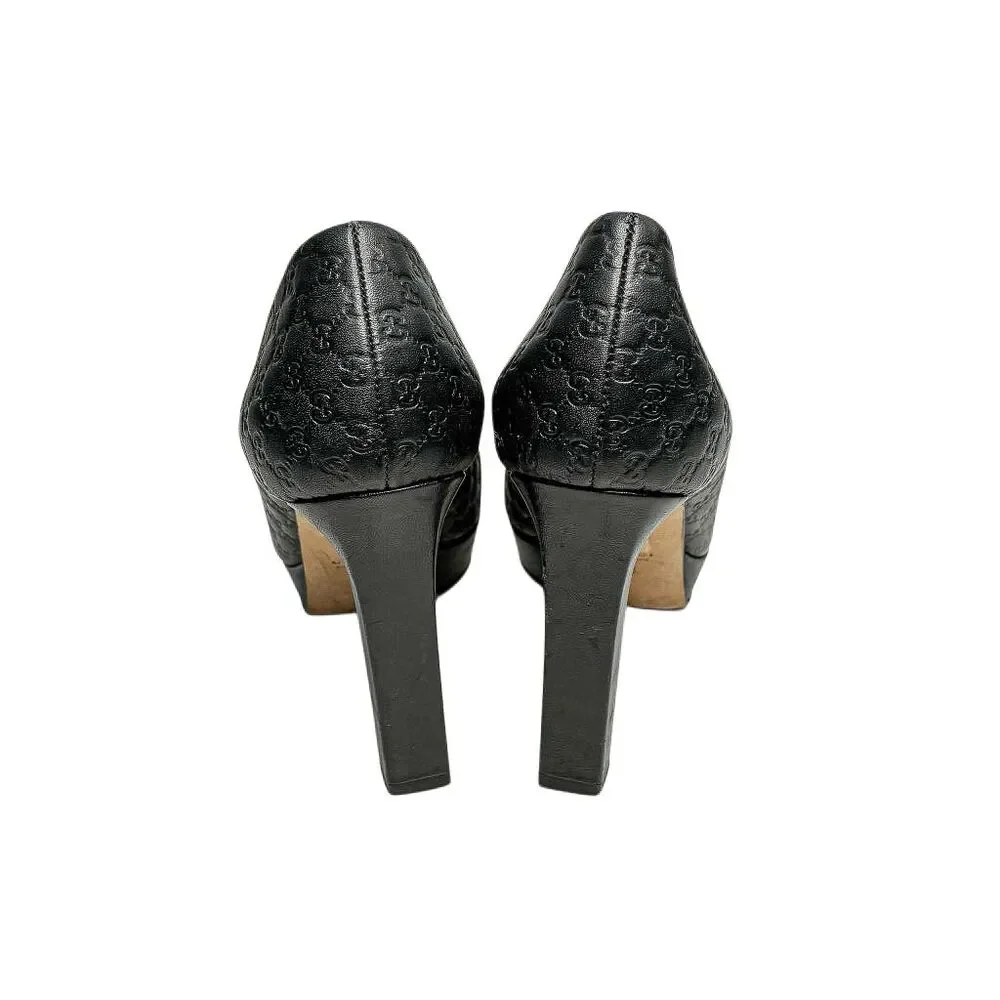 Gucci Microguccissima Black Peep Toe Pumps 38 Block High Heel GG Logo Leather - Picture 7 of 12